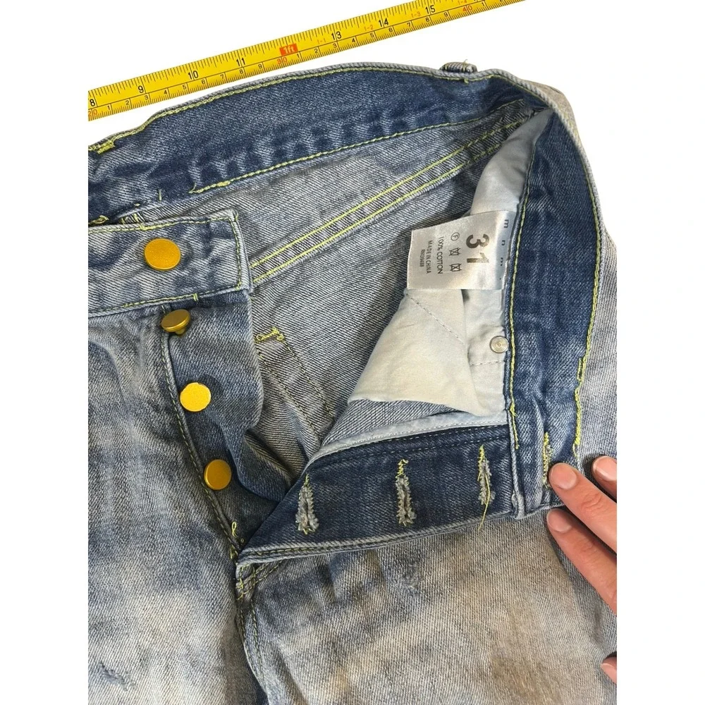MNML Mens Distressed Knee Light Wash Blue Denim Slim Tapered Jeans Size 31